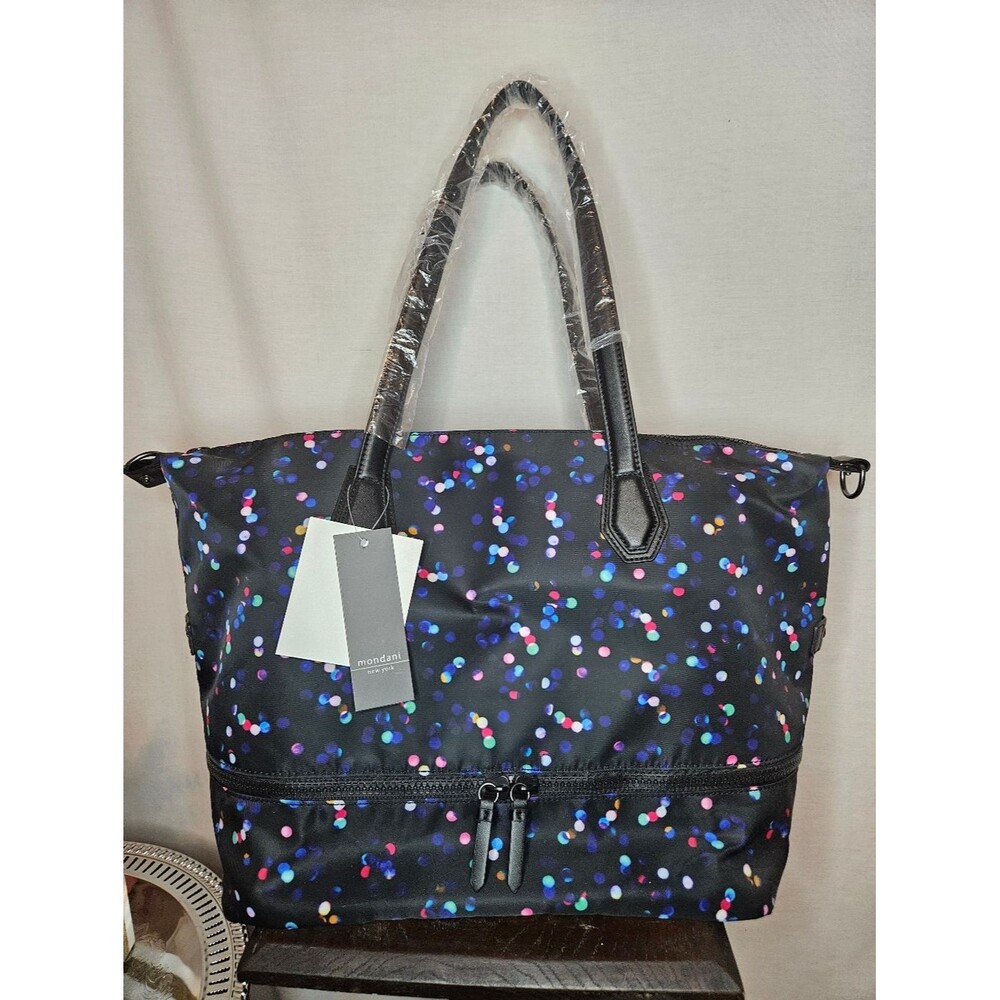 NWT Mondani New York Black Multi Color Polka Dot Weekender Bag Gym Yoga Tote